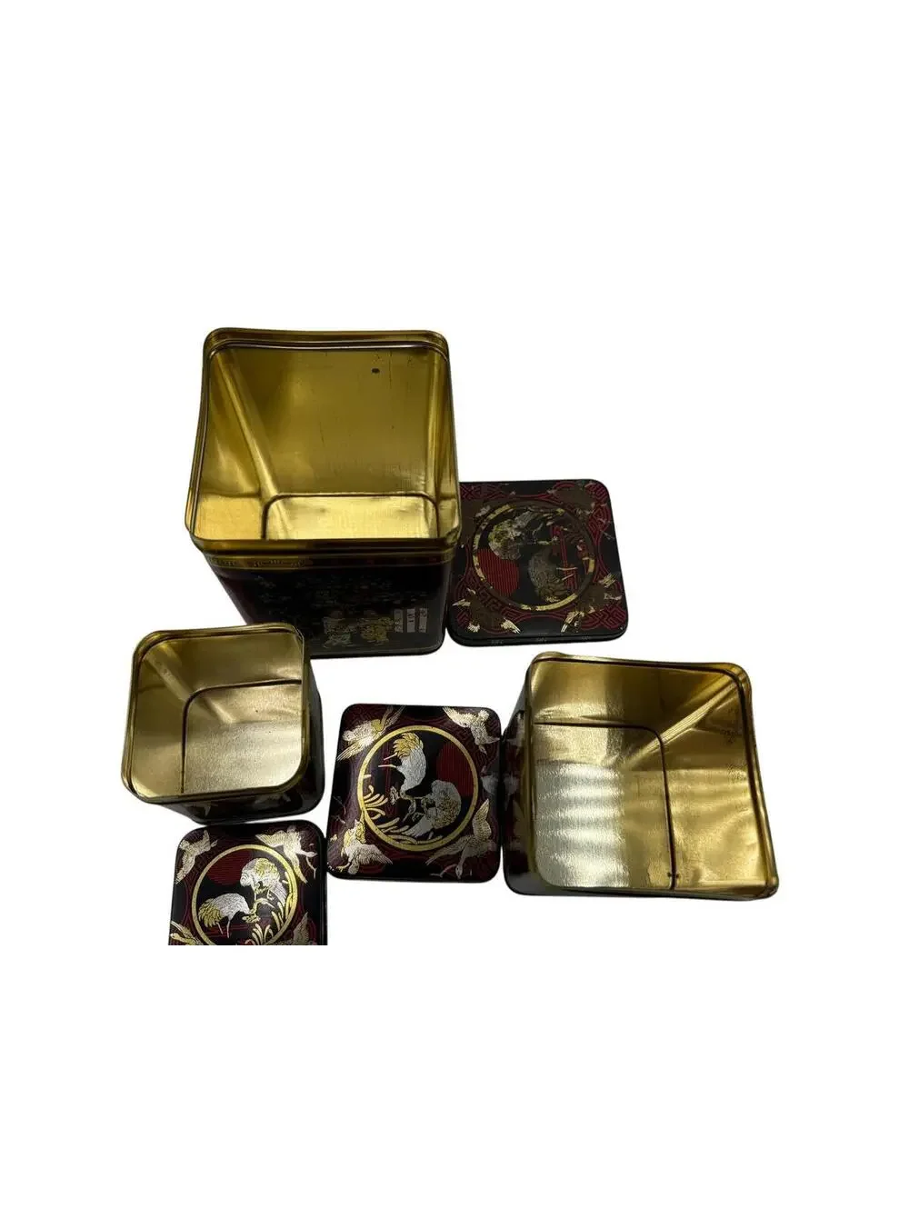 Vintage Nesting Tea Tins: Asian Design, Black & Gold Storage, Set of 3
